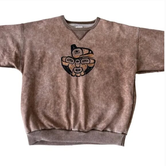 FUZZY STONEWASH Indigenous Eagle Native American Brown Pullover Sweatshirt Large - Picture 2 of 4